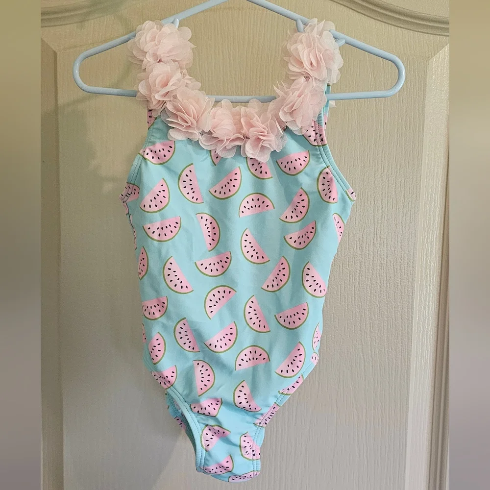 Real Love 2T One Piece Bathing Suit With Watermelon & Floral Lei Like Trim Pink